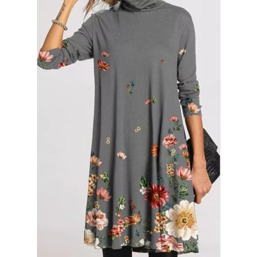 Spring and Autumn Solid Color Floral Print Knee-length Skirt Casual High-neck Pullover Long-sleeved Dress Daily Commuter Style