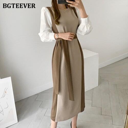 BGTEEVER Vintage Autumn Winter Women Dress O-neck Full Sleeve Lace-up Patchwork Female Sweater Dress Vestidos 2021