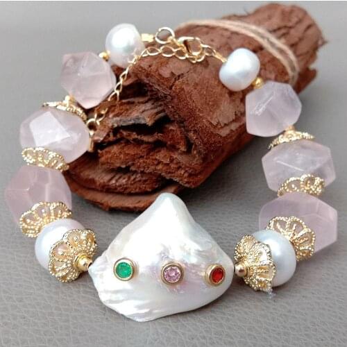 YYGEM 8'' Cultured White Keshi Pearl Rose Quartz faceted nugget Bracelet