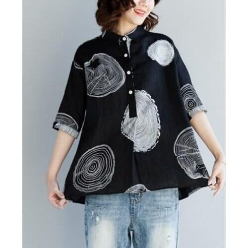 #2836 Summer Half Sleeve Blouse Shirts Women Thin Vintage Printed Tops Female Cotton Linen Cotton Thin Basic Tops