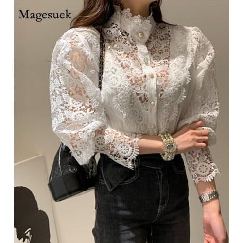 Spring Lace Patchwork Shirt Ladies Crochet Lace Hollow Out Flower Stand Collar Blouse Women Long Sleeve Chic Button Top 13206