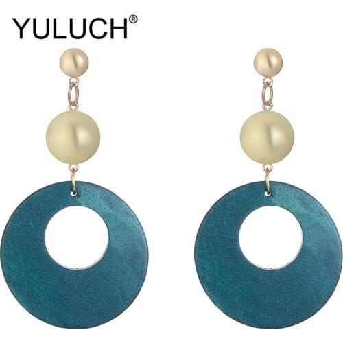 YULUCH Pop Women 7 Colors Round Hollow Wooden Long Stud Earrings For Women Ethnic African Golden Beads Pompom Pom Big Earrings