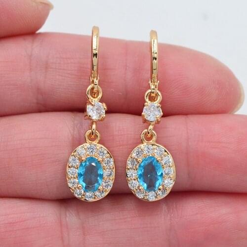 Gold Color Women Fashion Aqua Zirconia CZ Oval Dangle Earrings Jewelry