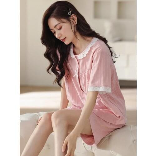Women Short Sleeve Pajamas Sets 100% Cotton Sleepwear Bedgown for Ladies Pink Nightgown Home Clothes Leisure Wear Pijama Hombre