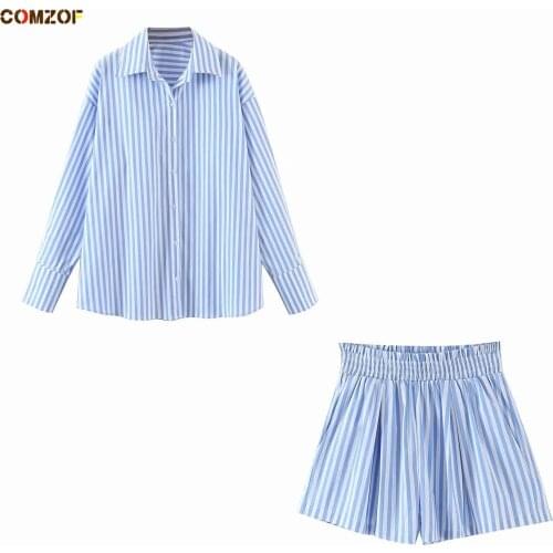 2021 Summer Oversize Shirt+Shorts Women Stripe Two Piece Sets Loose Clothing Casual Loose Suits Conjuntos De Mujer
