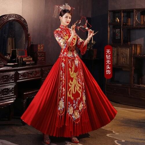Floor Length Classic Female Wedding Cheongsam Suit Embroidery Phoenix Qipao Plus Size 3XL 4XL Chinese National Bride Dress