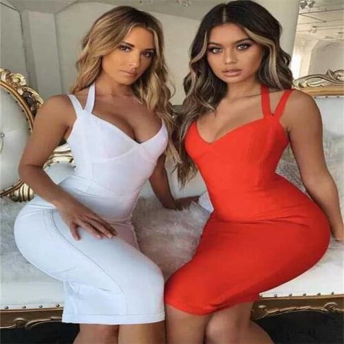 2021 Summer New Sexy Temperament Red White European And American Womens Knitted Sling V-neck Bandage Dress Fashion Elegant