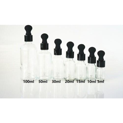 5/10/15/20/30/50/100ml Clear Empty Essential Oil Bottle Big Black Rubber Head Black Ring Dropper Cover Glass Containers
