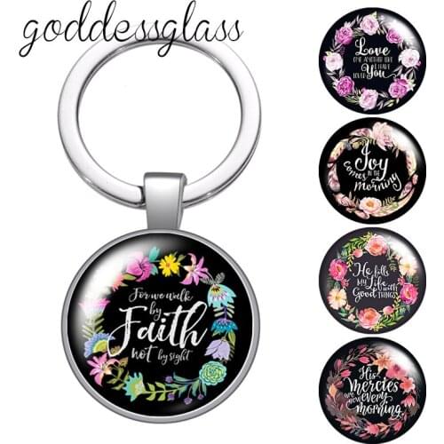 Beauty Black Flowers letters Faith Love Round glass cabochon keychain Bag Car key chain Ring Holder Charms keychains for gift