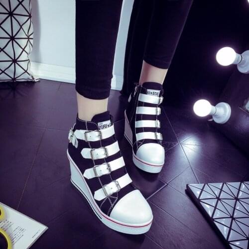Brand Women Platform Hidden Wedge Fashion shoes ladys Canvas casual shoes Platform Buckle Strap high Tops Plus Size MA-05