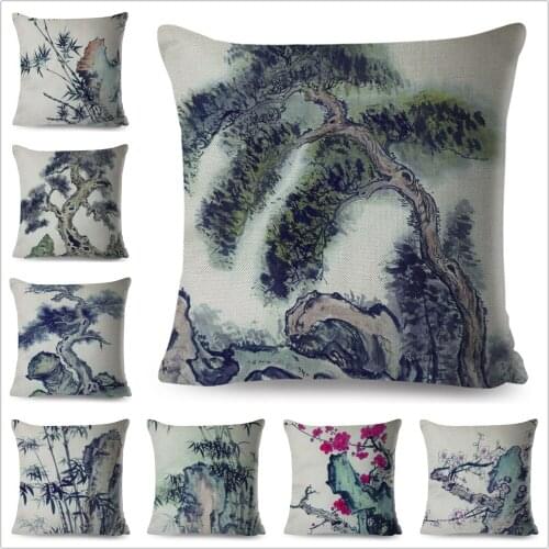 Chinese Ink Scenic Pillow Case Decor Bamboo Tree Printed Cushion Cover Polyester Pillowcase for Sofa Home Car 45x45cm