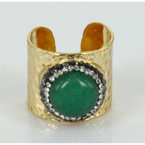 Black rhinestone retro green semi precious stone bead charm wide wrapped adjustable open hammered gold ring cuff for woman man