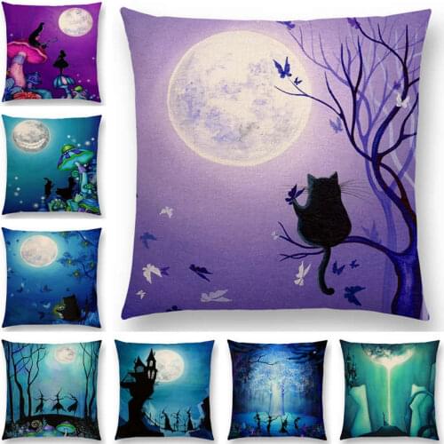 Hot Sale Alice Dreams Cute Cat Magical Moon Night Wonderland Emerald Forest Witches Halloween Dance Cushion Cover Pillow Case