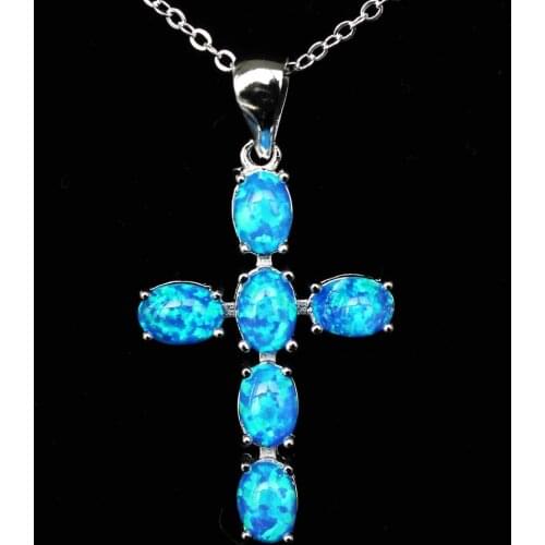 Cool Christian Cross Design White / Blue Fire Opal Pendant Necklace