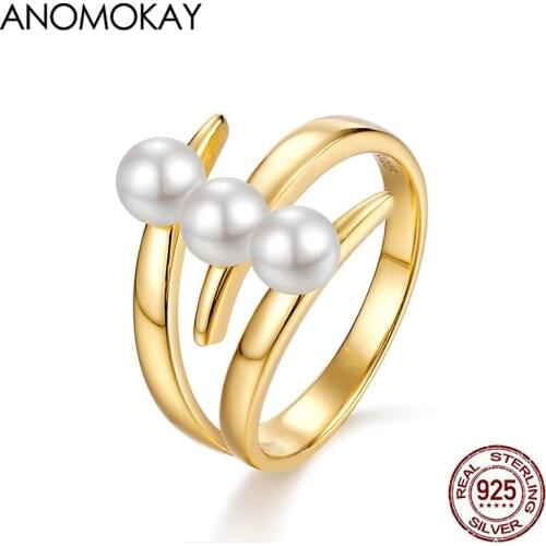 Anomokay Vintage Palace Pearl Gold Color Rings for Party Engagement Real Sterling 925 Silver Resizable Ring for Women Gift