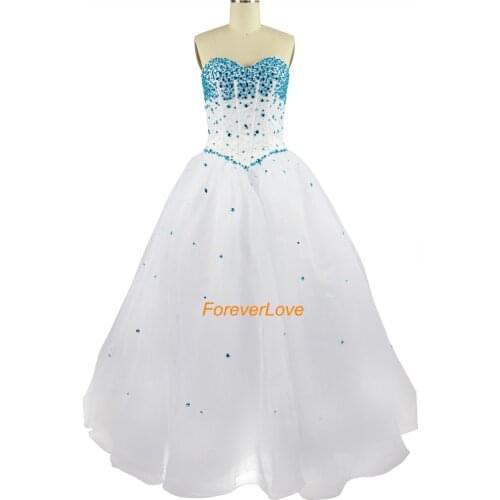 Beautiful Sweetheart Crystal Beading Blue White Long Prom Dress Party Formal Evening Dress Ball Gown Custom Make Real Photo