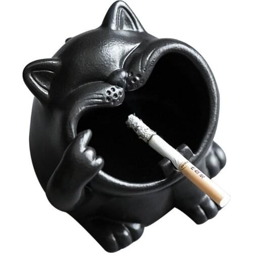 Creative Big Face Cat Ceramic Frosted Ashtray Cute Animal Black Enamel Living Room Office Decoration Crafts Gift for Boyfriend