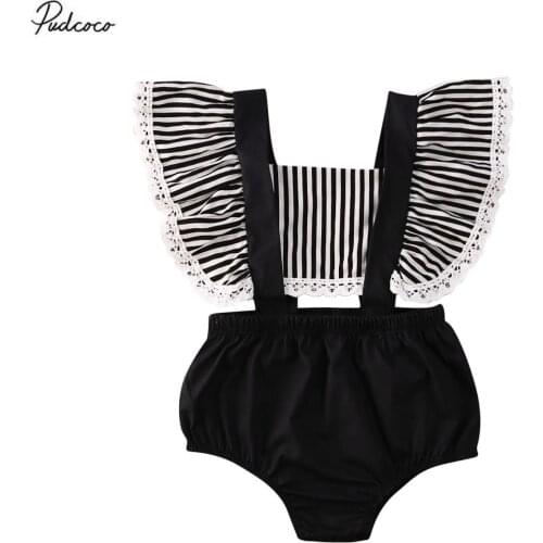 2020 Baby Summer Clothing Newborn Infant Baby Girls Striped Patchwork Bodysuits Ruffled Lace Sleeveless Jumpsuit Sunsuit Outfit