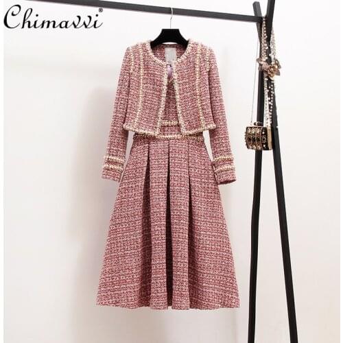 Early Autumn Fashion High Street Silk Tweed Stitching Dress Women Fashionable Long Sleeve Jacket Suit Lady Two Pieces Dress Set