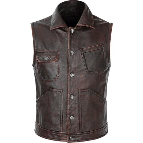 New Work Clothes Brown vintage Old Vest Mens Leather Vest Genuine Leather Sleeveless Jackets Slim Natural REAL Cowhide Vests