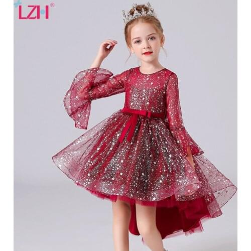 LZH New Evening Dresses Fashion Long Tail Elegant Dress For Girl Mesh Princess Dress 4-12 Years Performance Costume For Children