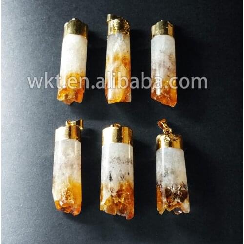 Wholesale natural raw stone yellow stone pendants, fashion yellow stone pendants, gold eletroplated stone pendants