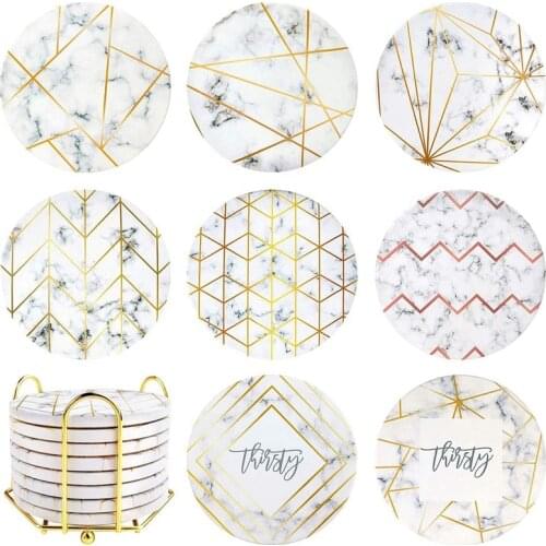 Coasters with Metal Holder Stand,Marble Pattern Stone Bar Coasters Set with Cork Base,Cup Ceremic Coaster for Home Decor