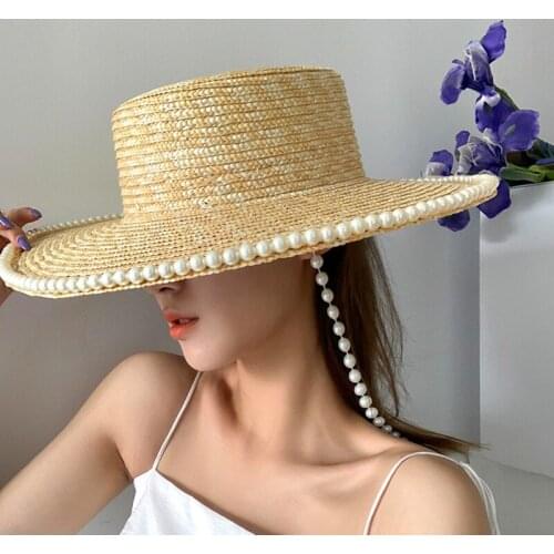 Women Summer Straw Hat Flat Top Fedora Pearl Chain Decoration Sun Protection Female Wide Brim Beach Sun Hat Gorra Mujer Visor