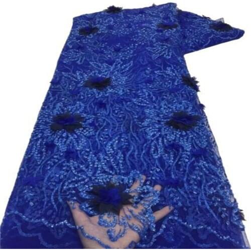 Blue French Tulle Lace 3D flower Fabric High Quality African Beads Lace Fabric Heavy Sequins Nigerian Mesh Laces For Wedding Sew