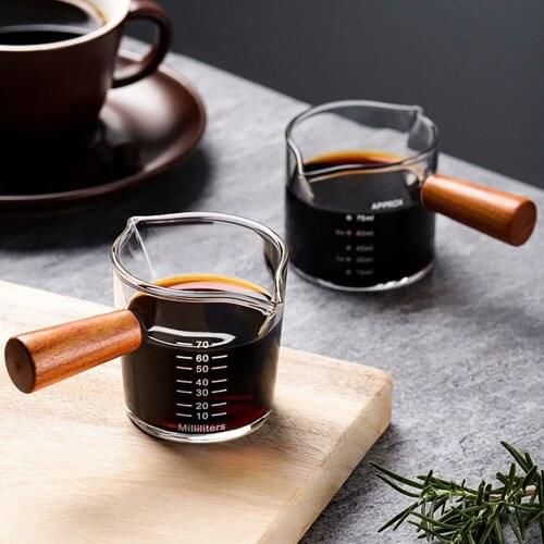 Glass Espresso Measuring Cup Double Mouth Glass Milk Jug With Wooden Handle Glass Scale Measure Coffee Mugs Kitchen Accessories