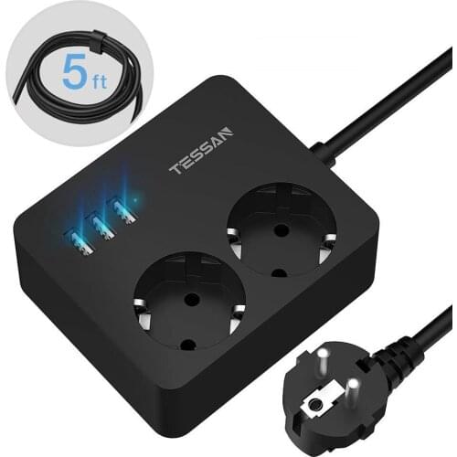 TESSAN Power Strip with 2 Outlets and 3 USB Charging Ports Extension EU Socket with 1.5M/5FT Cord Vertical Adaptor for Phones