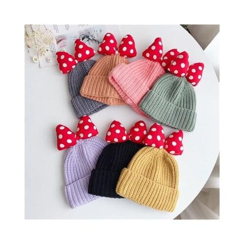 Big Dot Bows Knitted Baby Girl Hat Cap Autumn Winter Warm Kids baby winter Hat Solid Color Baby Beanie Bonnet enfant Child Muts