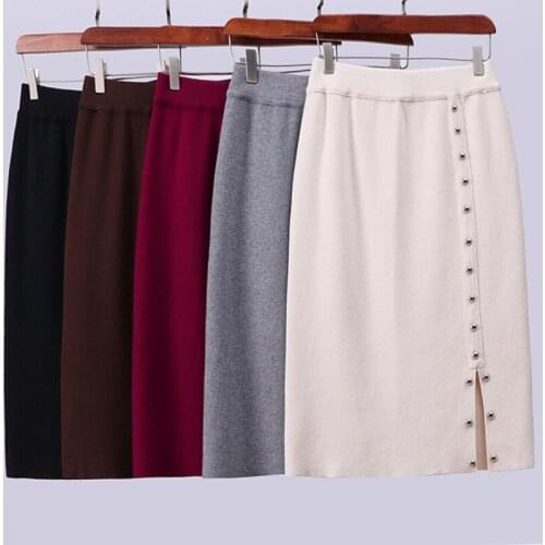 Women Side Slit Bodycon Elegant Pencil Rivet Elasticity Skirt Autumn Winter Casual Knitted High Waist Skirts Jupe Femme Faldas