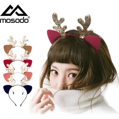 Mosodo Women Headband Christmas Reindeer Antlers Hair Loop for Girls Cat Ear Headwear Xmas Party New Year Festival Hair Ornament