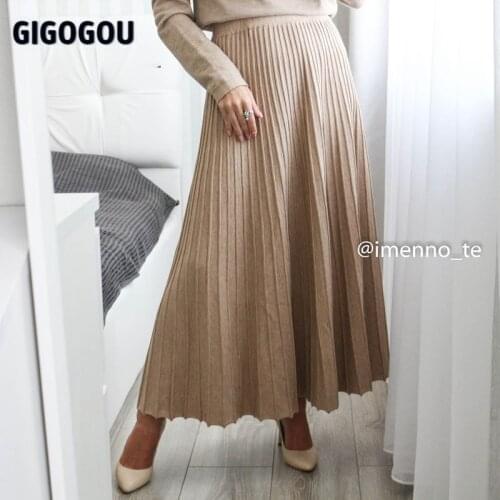 GIGOGOU Long Women Knitted A Line Skirts Autumn Winter Elastic High Waist Pleated Skirt Highstreet Midi Skirts Femme