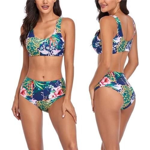 Womens Sexy Flower Printing Bikini 2021 Female Swimsuit Sleeveless Tank Tops Briefs Swimsuit Bare Midriff Two-pieces Set