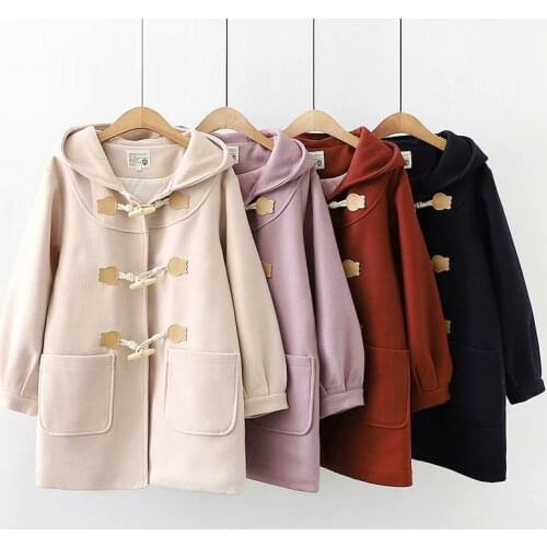 Heydress Japanese Solid 2021 Winter Preppy Style Hooded Long Sleeve Horn Buckle Wool Coat Padded Warm Pocket Sweet Woolen Coats