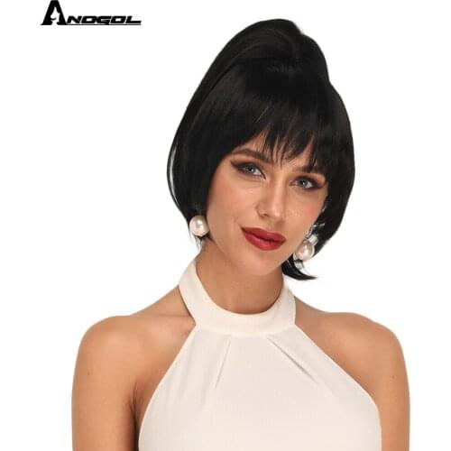 ANOGOL Separate Hair Piece Clip-in Bangs Short Wave Ponytail Black Extension Heat Resistant Futura Fiber Synthetic Wig