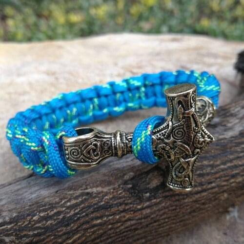 Light Blue Paracord Bracelet Norse Viking Runes Beads Braided Bracelet Men Bracelets Thor Hammer Rope Bangles for Men Jewelry