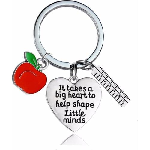 12PC/Lot Apple Ruler Charms Keyring It Takes A Big Heart To Help Shape Little Minds Keychain For Teachers Key Chains Rings Gifts