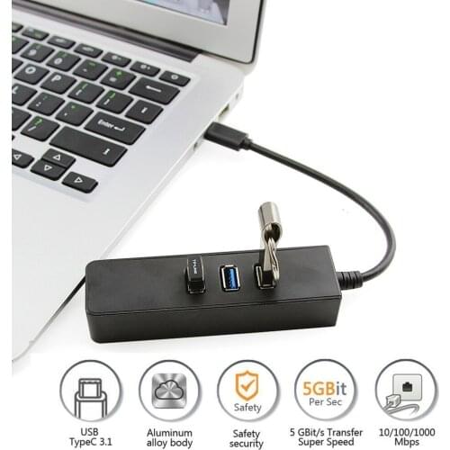 CHYI USB C 3.1 Type-C To Gigabit Adapter Series 3-Port USB 3.0 Aluminum Hub With Type C Adapter+RJ45 Gigabit Ethernet LAN Port