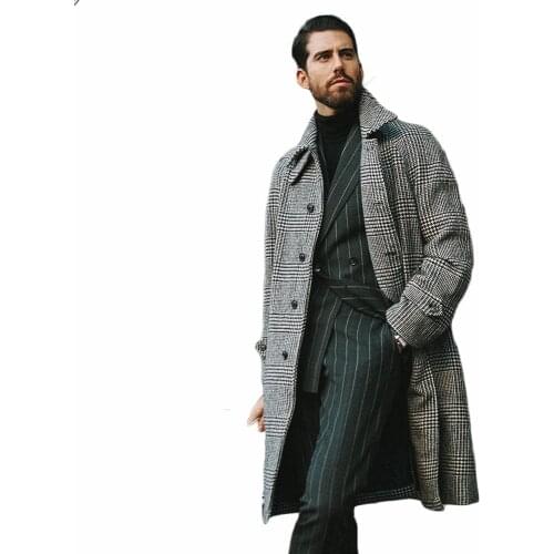 Winter Plaid Streetwear Woolen Overcoat Mens Thick Singal Breasted Loose Warm Long-Length Trench Coat Male Jacket