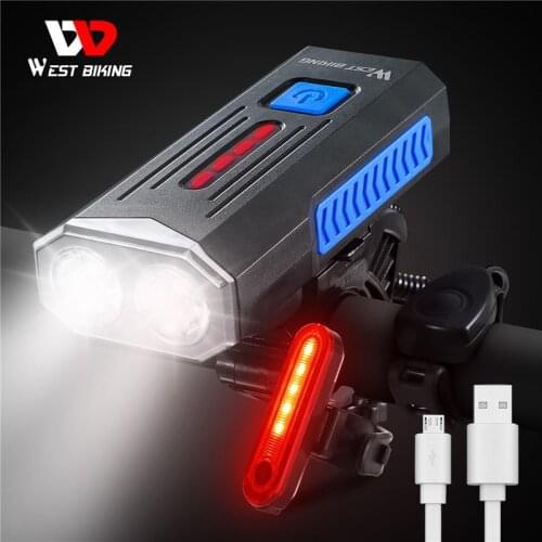 WEST BIKING Bicycle Light USB Rechargeable Set Waterproof Bike Front Rear Lamp 140db Horn Bell LED Headlight Cycling Accessories