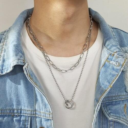 Hip Hop Double Layer Circle Chain Necklace Pendant Women Men Punk Link Chain Choker Collar Steel Color Party Jewelry