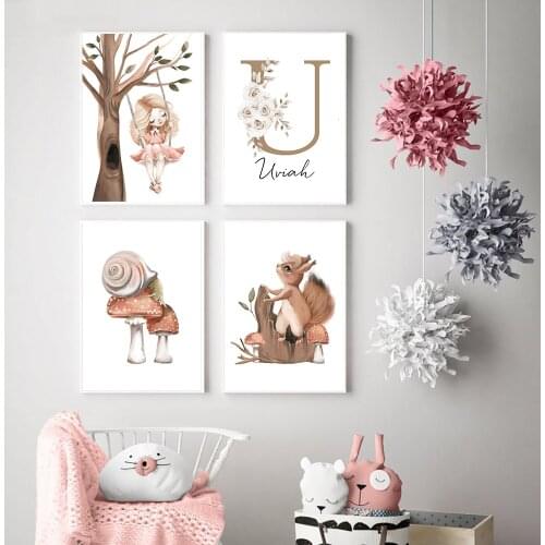 Custom Girl Name Poster Print Personalized Wall Art Baby Gift Cartoon Canvas Painting Nordic Deocration Kids Bedroom Pictures