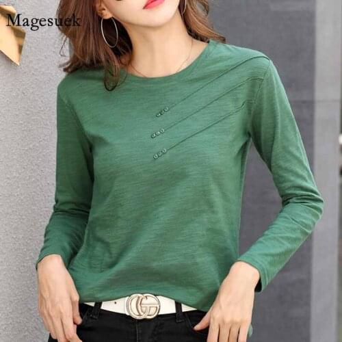 Korean Fashion O-neck Loose Cotton T-shirt Long Sleeve Women Plus Size blouse Autumn Solid All-match Office Lady Clothes 10800