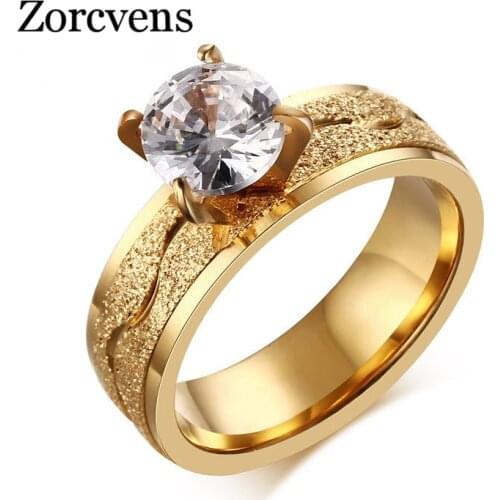 ZORCVENS Fashion Engagement Ring For Women Dull Polish Stainless Steel Wedding Ring Prong Setting Female Cubic Zirconia Jewelry