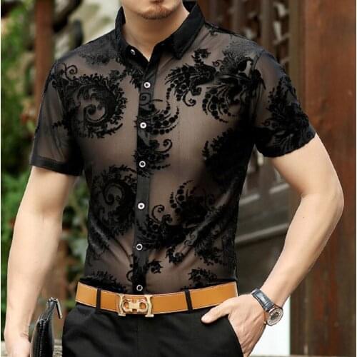 Mens Short Sleeve Single Breasted See Through Silk Shirts Tops Top Jacquard Black Blue C5