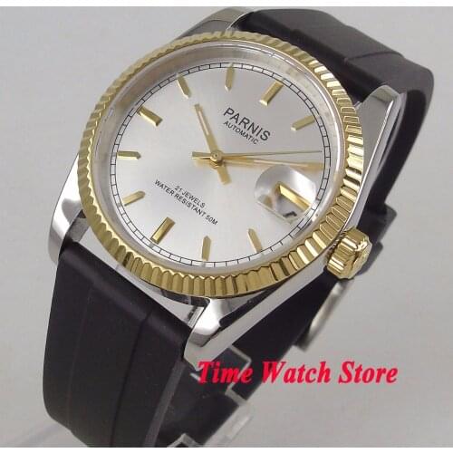 36mm Parnis Miyota 8215 5ATM japan Automatic watch men sapphire glass waterproof gold plated silver dial rubber strap