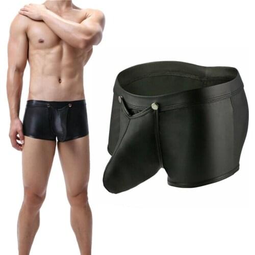 Mens Underwear Boxers PU Leather Buttons Penis Pouch Boxershorts Gay Low Waist Male Boxers Lenceria Erotica Mujer Sexi Panties